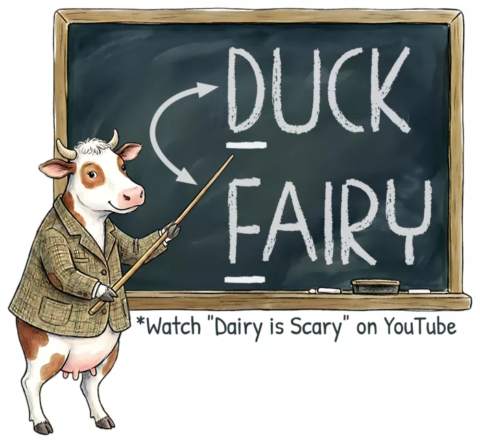 Vegan message sticker: Duck Fairy - Watch Dairy Is Scary