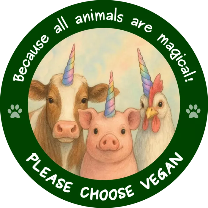 Vegan message sticker: Please Choose Vegan - Because All Animals Are Magical